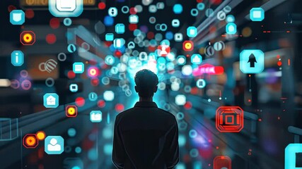 Poster - individual interacts with digital content surrounded by bright, virtual icons in an energetic city a