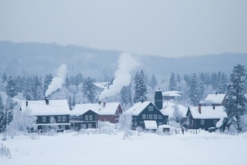 Poster - Winter landscape with snow-covered houses and smoke rising in a tranquil rural setting