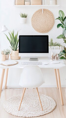 Poster - Home Office Interior: Minimalist Workplace, Desktop Computer, Elegant Chair, Plant, Interior workspace, Work From Home, WFH.