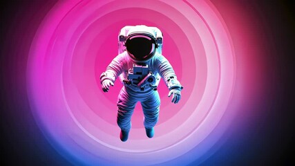 Poster - Lone Astronaut Floating Vibrant, Colorful Space with Concentric Circles and Gradient Background, Evoking Exploration and Wonder Surreal Atmosphere with Pink, Purple, and Blue Hues, Suit and Helmet