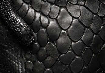 Poster - Close-Up of Glossy Black Snake Skin Texture with Intricate Pattern Showcasing Nature's Unique Design and Details of Scales and Surface Reflections