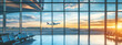 © Peter - A panoramic view of an airport terminal, with large windows overlooking the runway and airplanes visible outside