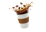 Isolated Coffee Cup with Dynamic Splash and Floating Beans