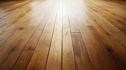 Poster - A close-up, perspective shot of a polished wooden floor with light reflecting off its surface