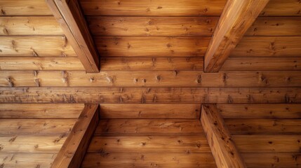 Poster - A close-up, straight-on shot of a wooden ceiling with exposed beams, showcasing the warm tones and natural texture of the wood