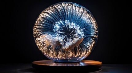 Poster - Captivating light sphere with sparkling elements radiating in a dark setting, showcasing vibrant energy and mesmerizing patterns