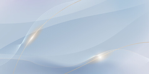 Poster - Abstract soft white, gold wave line pattern and texture on light gray gradient background. Vector element smooth line design. Digital technology concept for luxury business template, banner background