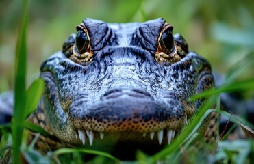 Poster - Close-Up Portrait of a Crocodile with Sharp Teeth Surrounded by Lush Green Grass in a Natural Habitat Setting