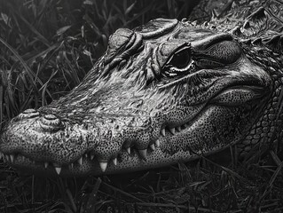 Poster - Close-Up Portrait of a Reptile in Natural Habitat Capturing Intricate Details of Textured Skin and Sharp Teeth Against Lush Green Grass Background
