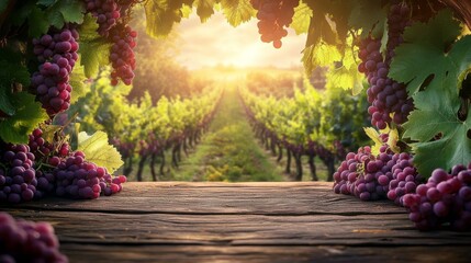 Aufkleber - Golden sunlight cascades over lush green vines, highlighting clusters of plump grapes nestled among vibrant leaves. A serene moment captures the beauty of harvest time