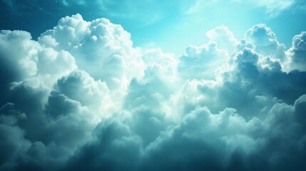 Aufkleber - Fluffy clouds blanket the sky, illuminated by soft daylight. A tranquil atmosphere envelops the scene, evoking feelings of peace and wonder as sunlight filters through the cloud layers