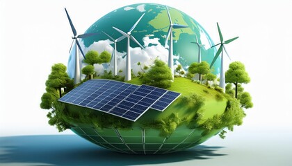 green energy planet with wind turbines and solar panels eco illustration