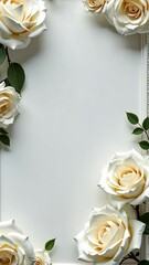 Poster - A white frame with a white background and a beautiful arrangement of white roses. The roses are scattered throughout the frame, with some placed closer to the edges and others in the center