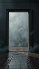 Poster - A door is open in a room with a lot of smoke. The door is wide open and the smoke is coming out of it