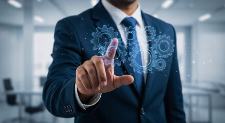 Poster - Close-up of a businessman's hand interacting with a holographic projection of interconnected gears, representing technological innovation and process optimization in a modern office setting