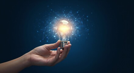 Poster - A hand holding a glowing lightbulb with a network connection concept, ideal for innovation, technology, and startup presentations