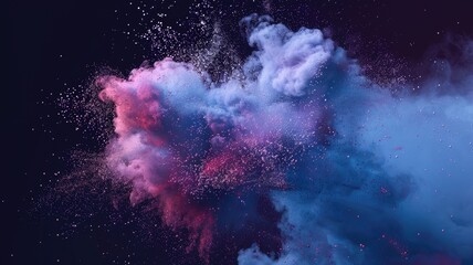 Poster - Abstract galaxy with swirling blue and orange particles. Digital artwork for design of cloud and smoke with starry sky with glowing start and planet in nebula or solar system. Universe design. AIG53.