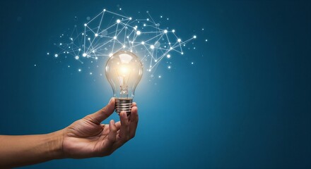 Fototapete - A hand holding a glowing light bulb with a network connection concept, ideal for innovation, technology, and business presentations