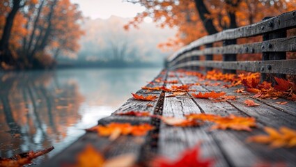 Wall Mural - wooden pathway lined with autumn leaves reflecting serene waters in a tranquil forest