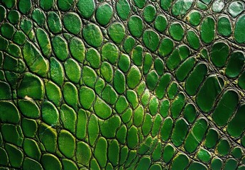 Poster - Close-Up Texture of Vibrant Green Crocodile Skin Showing Intricate Patterns and Rich Colors for Nature and Wildlife Illustrations