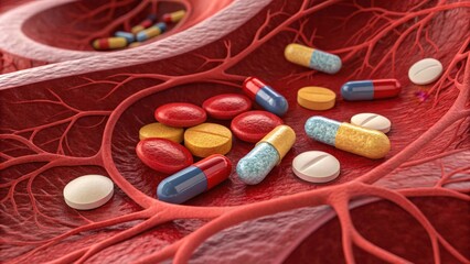 Poster - colourful pills and capsules against the background of veins