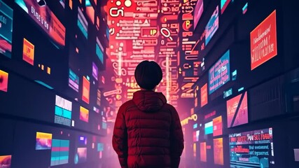 Poster - A person stands in awe, surrounded by vibrant screens showcasing dynamic digital art in an immersive environment