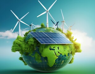 green energy planet with wind turbines and solar panels eco illustration