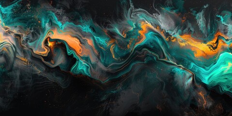 Poster - 3D layered abstract waves in turquoise and orange on a dark background. Background image of abstract wave with blue and orange with black background. Digital art for dynamic and modern design. AIG51.