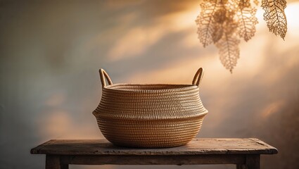 Poster - handmade woven basket displayed on a rustic wooden table against a soft glowing background with deli