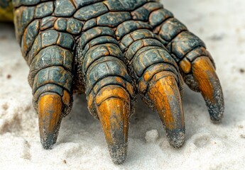 Poster - Close-Up View of a Giant Reptile Claw on Sandy Beach Revealing Unique Texture and Colors of Nature's Predatory Design
