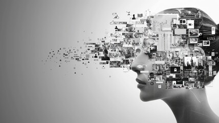 Poster - Digital face composed of various images and pixels on a white background. Abstract human portrait with 3D rendering geometric shape. Technology innovation and artificial intelligence concept. AIG53.