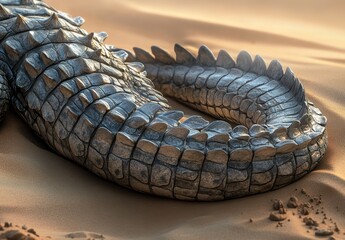 Poster - Close-Up View of a Scaly Crocodile Tail Resting on Golden Desert Sand Under Bright Sunlight with Intricate Textures and Natural Details
