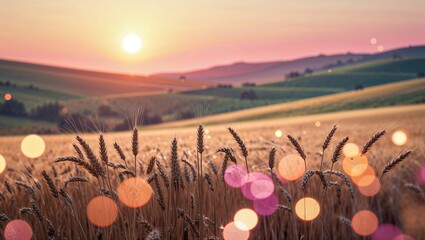 Wall Mural - beautiful golden wheat field at sunset with soft colors and distant rolling hills in the background