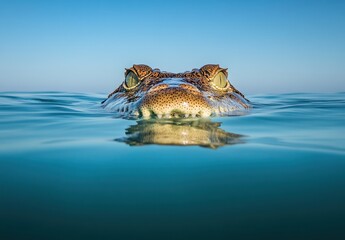 Poster - Close-Up View of a Squid Emerges from Calm Ocean Waters with Clear Blue Sky Reflected on Water Surface, Showcasing Its Unique Eyes and Texture