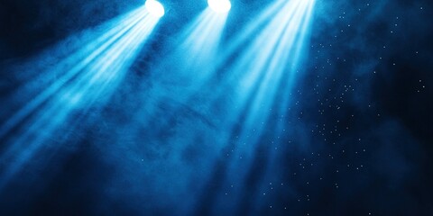 Poster - Bright blue stage lights casting beams through a misty atmosphere during a night event