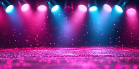 Poster - Stage lights illuminate a vibrant performance space filled with colorful sparkles and reflections at night