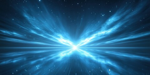 Poster - Vibrant cosmic explosion radiating light and energy in a starry night sky over a serene reflective surface