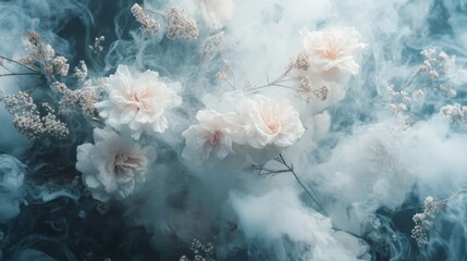 Poster - Soft pastel flowers float gracefully amid gentle clouds of mist, inviting a sense of tranquility and wonder. Their delicate hues blend harmoniously with the fog, crafting a surreal ambiance