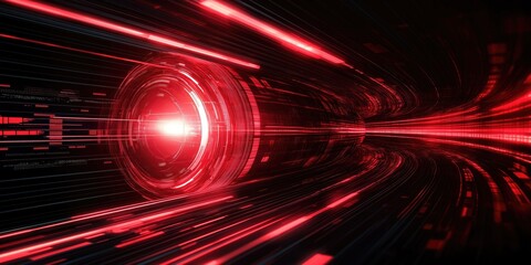 Fototapete - Abstract digital tunnel with vibrant red lights and dynamic lines, creating a sense of speed and motion.