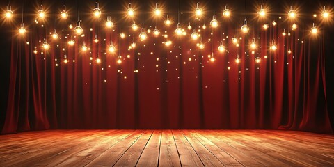 Poster - Brightly lit stage with red curtains and wooden floor creates a warm atmosphere for performances and events