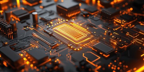 Poster - Close-up of a high-tech circuit board with glowing orange elements, showcasing advanced technology and innovation.