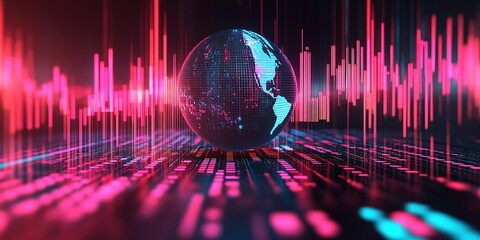 Poster - High-tech digital globe with vibrant data visualization against a dark background