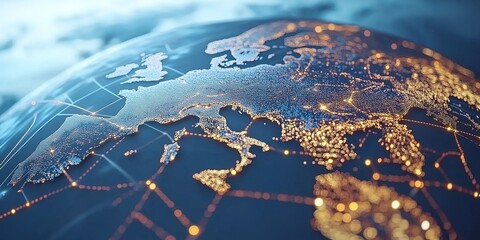 Poster - Detailed view of illuminated Europe on a digital globe showcasing network connections at night