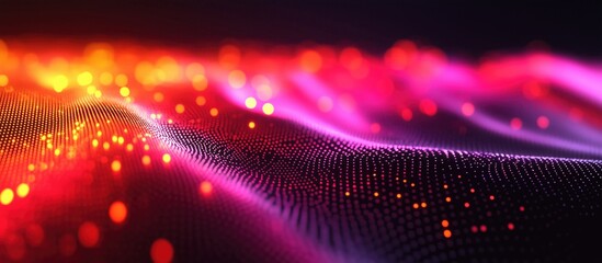 Fototapete - Vibrant abstract wave pattern with glowing dots in shades of red, orange, and purple, creating a dynamic visual effect.