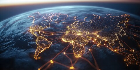 Poster - Global connectivity visualized through glowing network lines across a detailed world map
