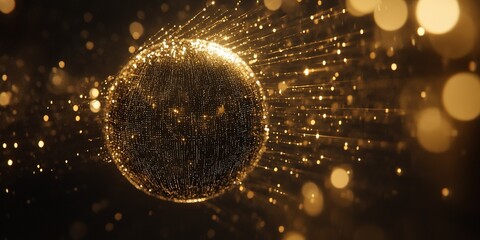 Poster - Golden sphere emitting light particles in a dark background creating a cosmic atmosphere