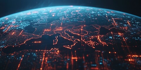 Poster - Digital representation of Europe illuminated at night with vibrant data points and flowing connections