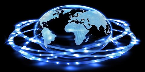 Poster - Global network illuminated by blue light showcasing continents and connectivity in a digital landscape