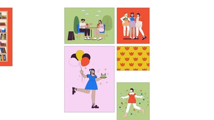 Poster - Diverse body positive people engaging in leisure activities bento grid animation. Reading, socializing, celebrating, enjoying life collage motion 4K video. Animated cartoon collection mood board