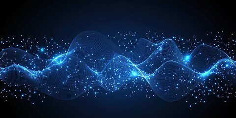 Poster - Dynamic blue wave pattern with glowing particles set against a dark background
